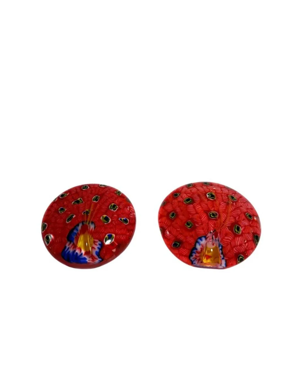 Art Glass Peacock Paperweights Red/White Multicolor Millefiori Design Set of 2